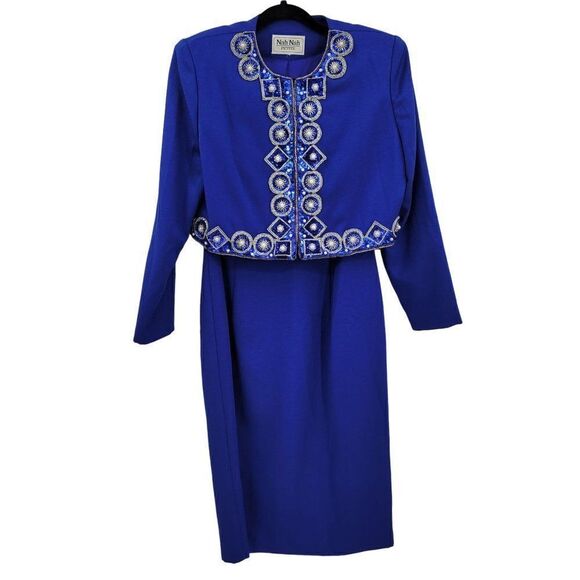 Vintage 80s Nah Nah Petites Dress Set M Royal Blue Pearl Sequin Jacket Midi Glam - Picture 3 of 17